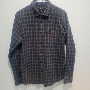 RVCA Men's Gray plaid long sleeve bottom down shirt, Slim Fit Size M